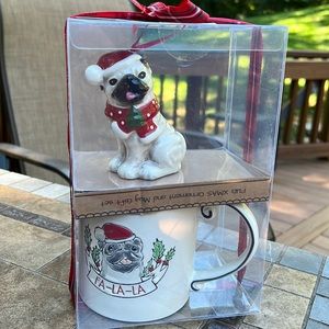 New 2020 Blue Sky pug Christmas ornament paired with  FA-LA-LA Mug. Gift boxed